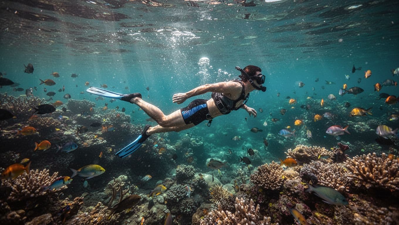 A snorkeler performs an efficient flutter kick with straight legs moving from the hips and small steady fin movements in clear turquoise Oahu waters, with a colorful coral reef and fish in the background.