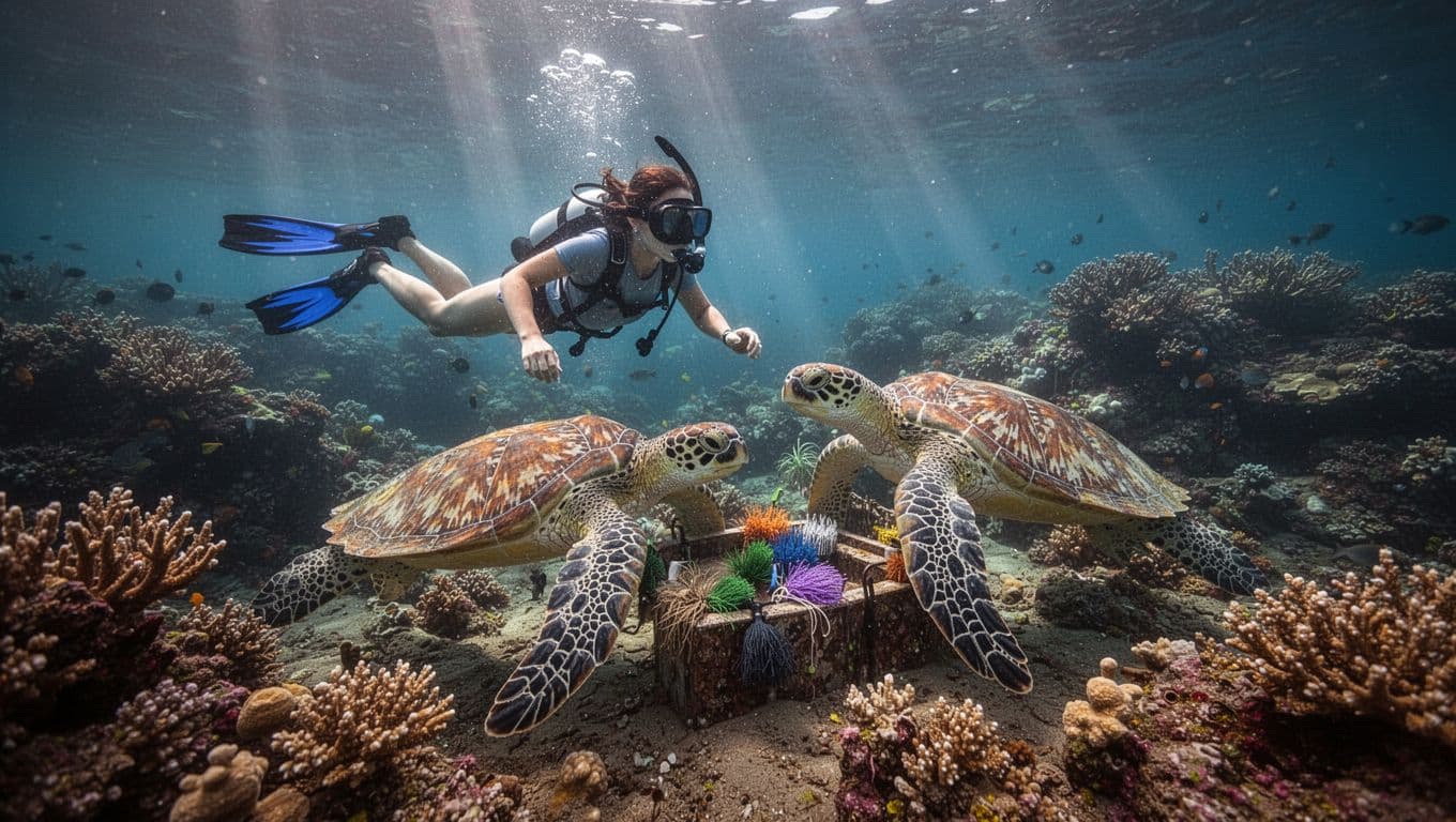 Snorkeler gliding with proper fin kicks towards two Hawaiian green sea turtles at a natural cleaning station in clear Oahu waters, vibrant coral background, cinematic underwater style.