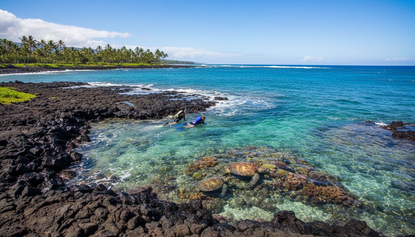 Photorealistic scenic view of Electric Beach on Oahu's west coast, showing two snorkelers entering clear turquoise waves from rocky shoreline, with two Hawaiian green sea turtles visible underwater near coral rocks, under sunny skies with palm trees and ocean horizon.