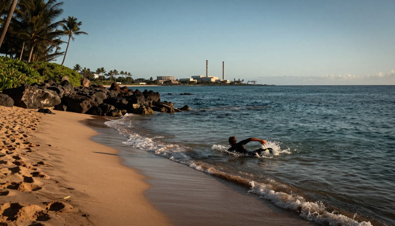 Lone swimmer in rash guard and fins enters sandy pocket at Electric Beach Oahu with calm turquoise waves and power plant backdrop.