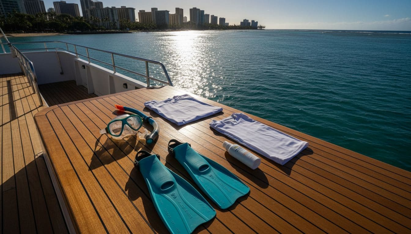 High-quality snorkeling gear including mask, snorkel, fins, rash guard, and reef-safe sunscreen neatly arranged on the wooden deck of a double-decker tour boat in sunny Oahu harbor, with turquoise waters and Waikiki skyline in the background.