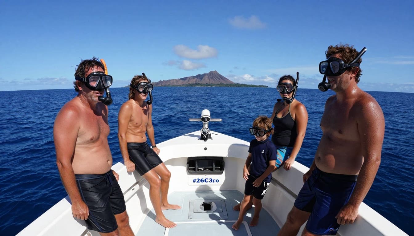 Group of four excited snorkelers—two adults and two kids—in rash guards on the deck of a small boat departing Honokohau Marina, Kona, Hawaii, with ocean horizon and Big Island coast.
