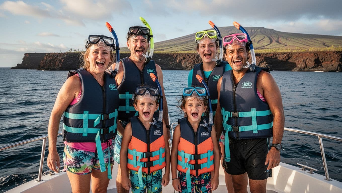 A joyful family of four, including two kids under 10, wears colorful snorkel gear and life vests on a boat deck at Honokohau Harbor, Kona, Hawaii, with clear ocean and volcanic coast in the background, captured in cinematic style.
