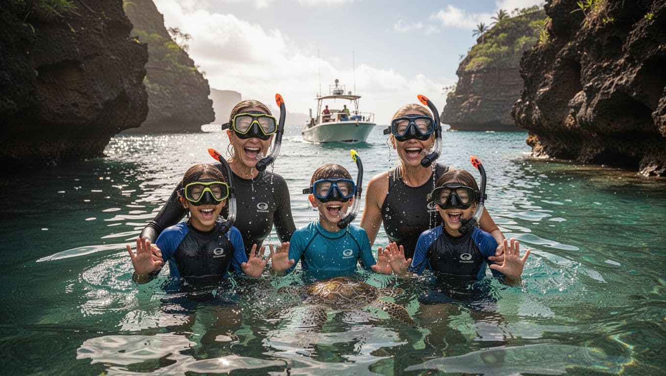 A joyful family of four—two adults and two kids—emerges smiling from the calm waters of Turtle Canyon, Oahu, thrilled after seeing turtles on their first snorkeling adventure. Water drips from their masks, with a boat visible in the sunny background.