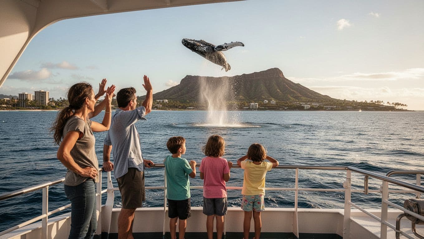 An excited family of four on the upper deck of a whale watching boat off the Waikiki coast spots a distant humpback whale breaching amid calm December seas with Diamond Head in the backdrop.