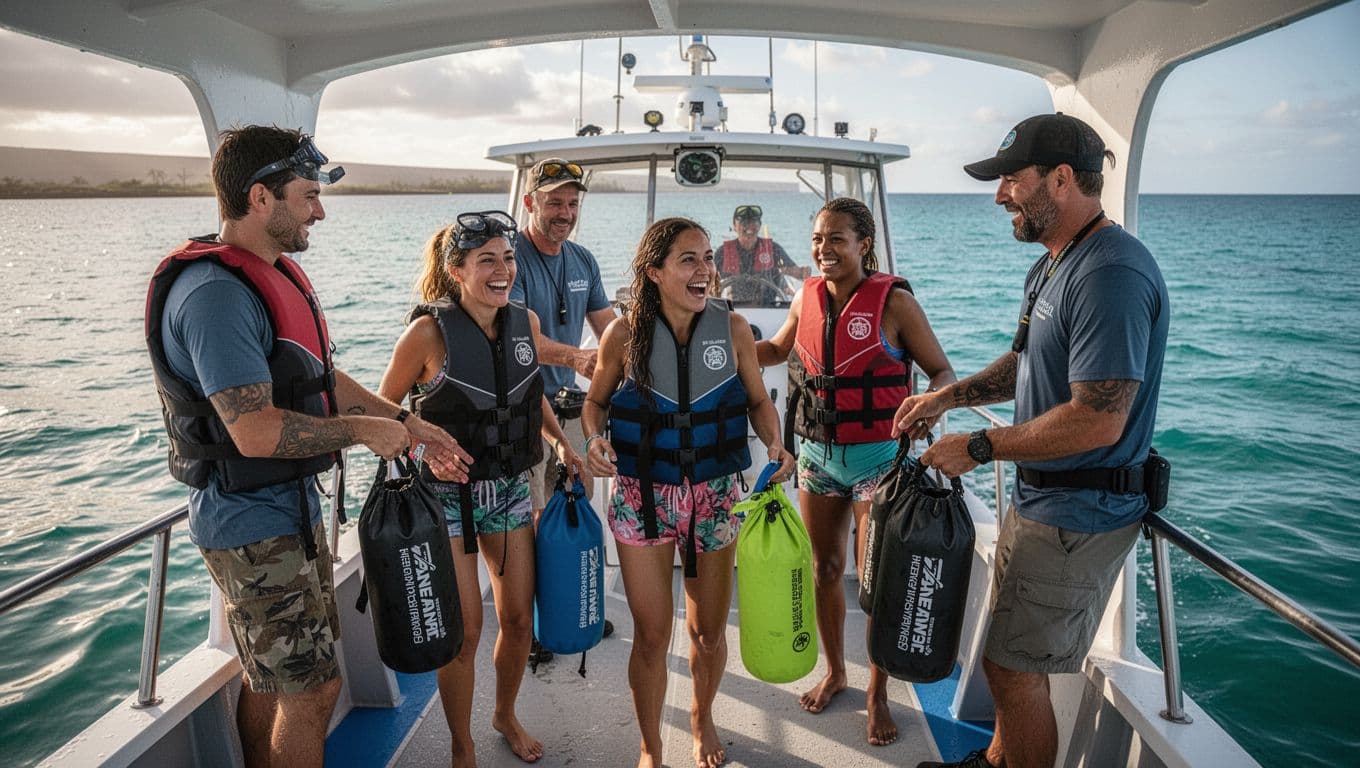 A small group of excited first-time guests, wearing life vests and carrying dry bags, boards a snorkel boat at Honokohau Harbor in Kona, Hawaii, with crew assistance amid calm turquoise morning seas.