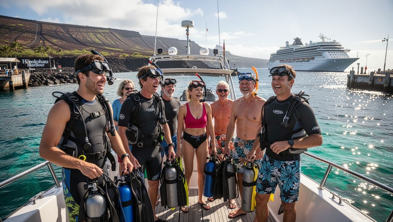 An excited group of six diverse snorkelers, including families and couples, boards a speedboat at Honokohau Harbor in Kona, Hawaii, with a cruise ship in the background, capturing the start of their Captain Cook snorkel adventure.
