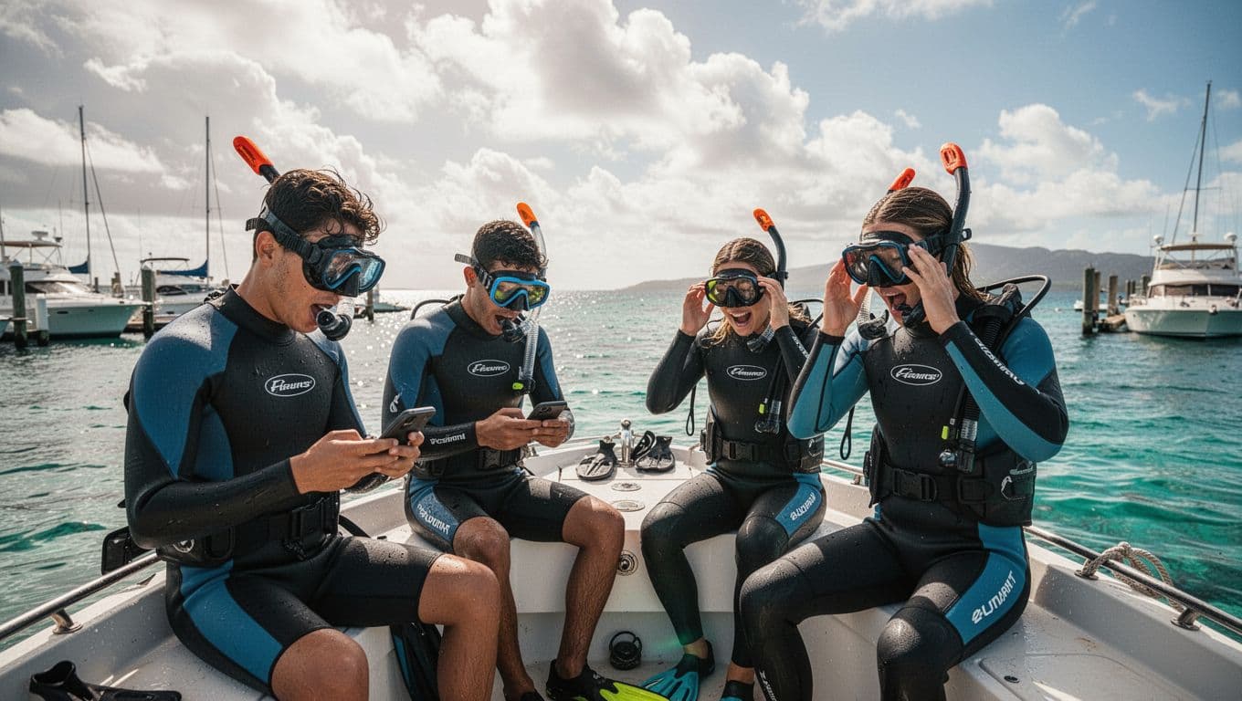 Group of four excited snorkelers on a small boat at Honokohau Marina in Kona, Hawaii, two checking weather apps on phones and two preparing masks before manta ray night snorkel, with partly cloudy sky, calm ocean, cinematic dramatic lighting and turquoise accents.