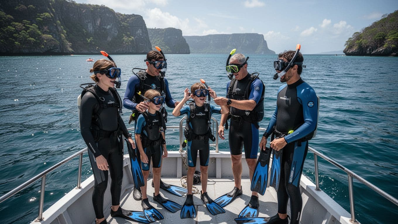 Group of five excited snorkelers—three adults and two kids—on a small tour boat near Kealakekua Bay entrance, gearing up with masks and fins helped by guides, against a sunny ocean backdrop with distant cliffs.
