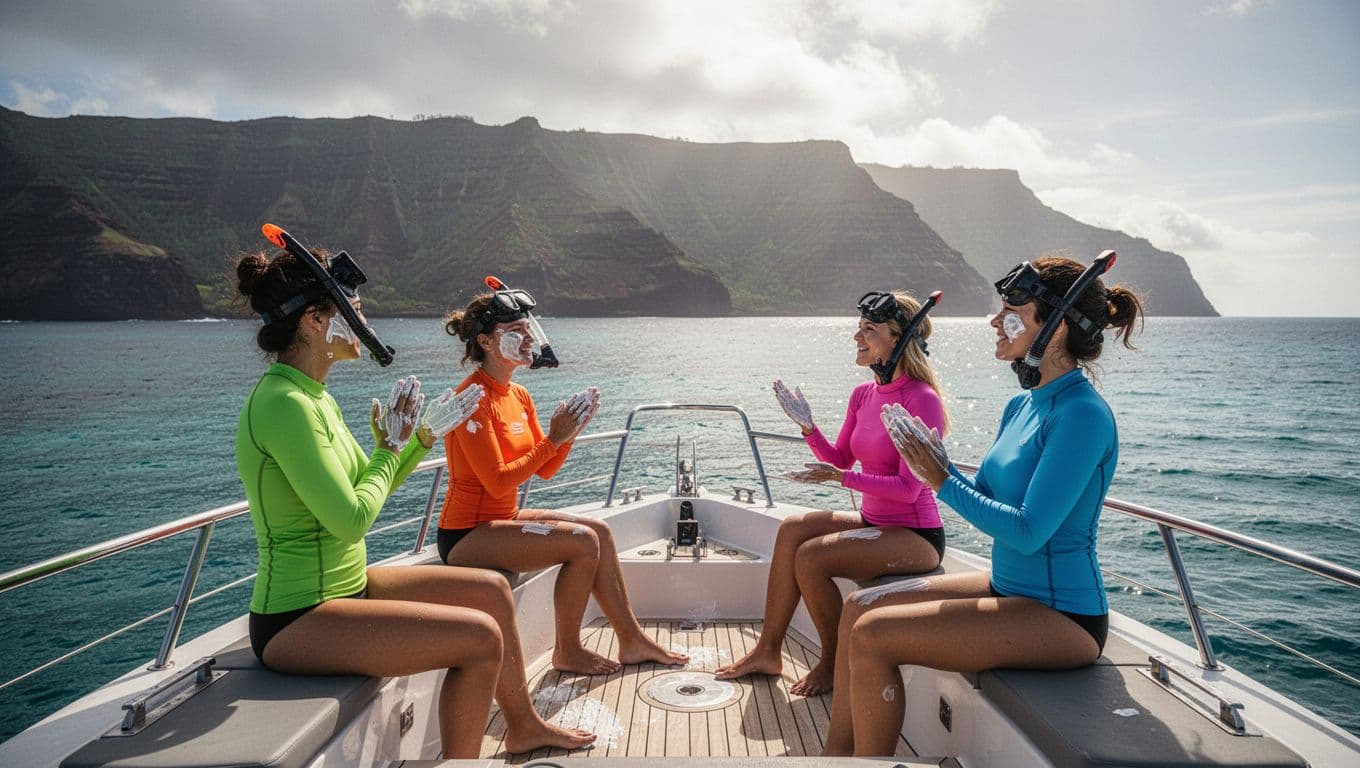 A small group of excited snorkelers in rash guards and applying sunscreen stand on the deck of a speedy adventure boat leaving Honokohau Harbor for Kealakekua Bay, with distant volcanic cliffs, calm turquoise ocean, and dramatic morning sunlight.