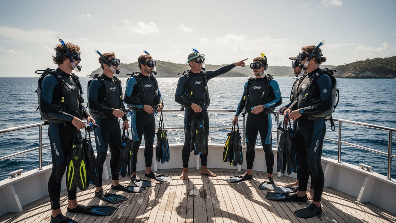 A small group of five excited snorkelers stands on a boat deck preparing their gear before embarking on the Captain Cook snorkel tour, with the captain pointing to the bay ahead and a sunny ocean horizon in the background.