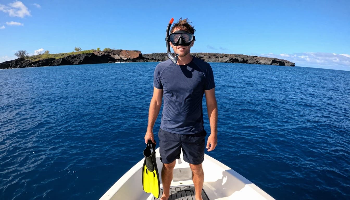 Solo adventurous traveler stands on the deck of a small snorkel boat departing Honokohau Marina in Kona, Hawaii, holding snorkel mask and fins while smiling excitedly at the vast blue Pacific Ocean and volcanic coastline ahead on a clear sunny day.