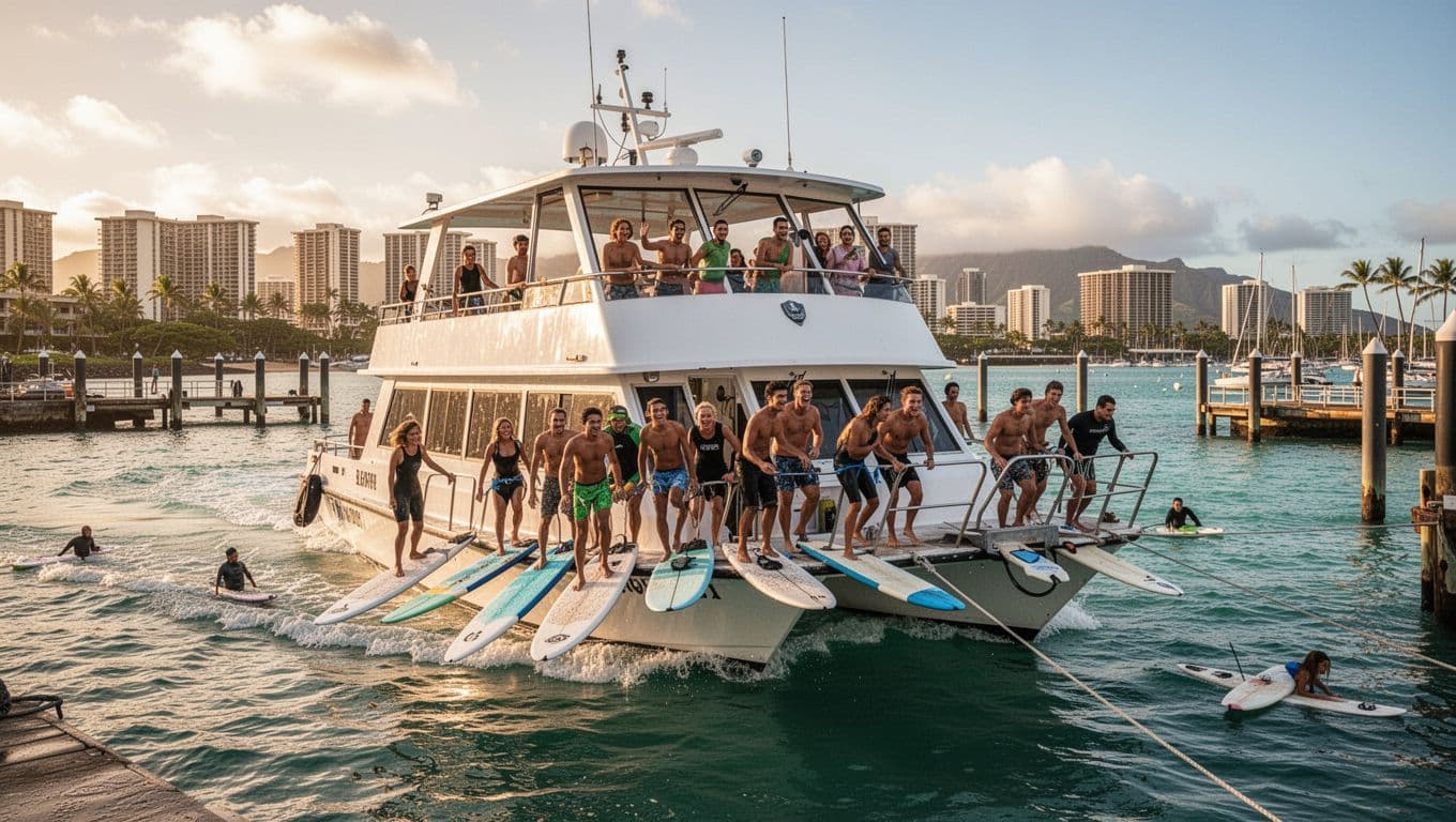 Excited tourists board the double-decker boat Coral Kai or Lokahi at Kewalo Basin Boat Harbor near Waikiki after a surf lesson, surrounded by turquoise ocean water, dynamic waves, and the Honolulu skyline under dramatic golden hour lighting.