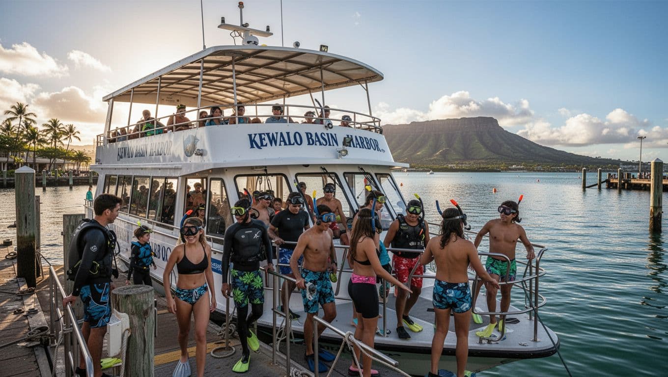 Double-decker tour boat docked at Kewalo Basin Harbor near Waikiki, Honolulu, with excited families wearing snorkel gear boarding the lower deck under shaded upper deck, calm waters, and distant Diamond Head on a vibrant tropical day.