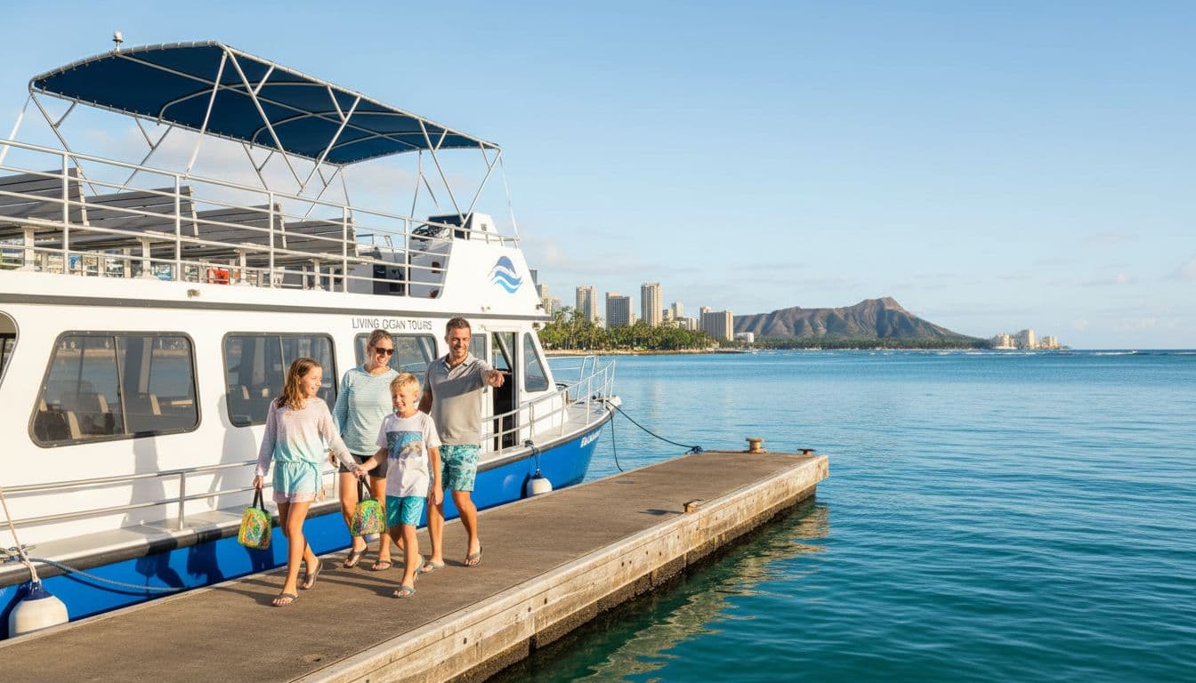 Excited family of four with kids ages 5-12 boarding a double-decker boat docked at Kewalo Basin Harbor in Honolulu for a snorkel tour, sunny day with Waikiki ocean backdrop in distance, realistic side-view photo.