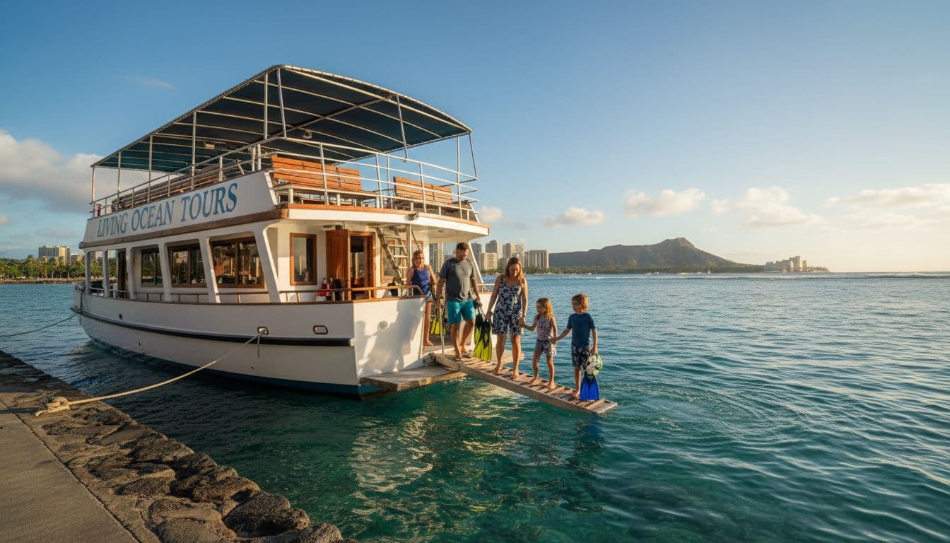 Family of five boards double-decker tour boat at Kewalo Basin harbor near Waikiki on sunny day.