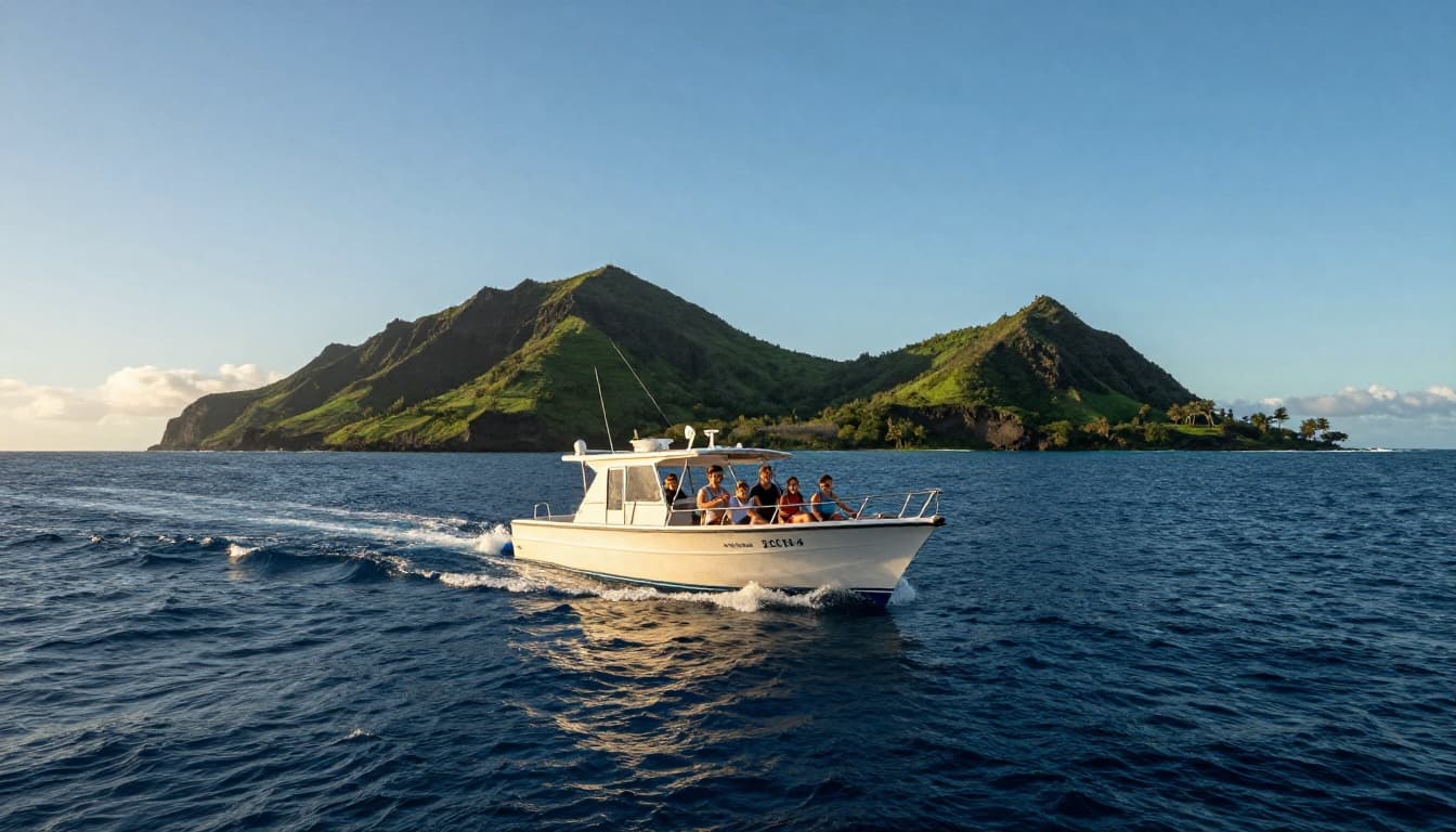 Family of four on private boat cruises Kona coastline toward Kealakekua Bay green cliffs in golden hour light.