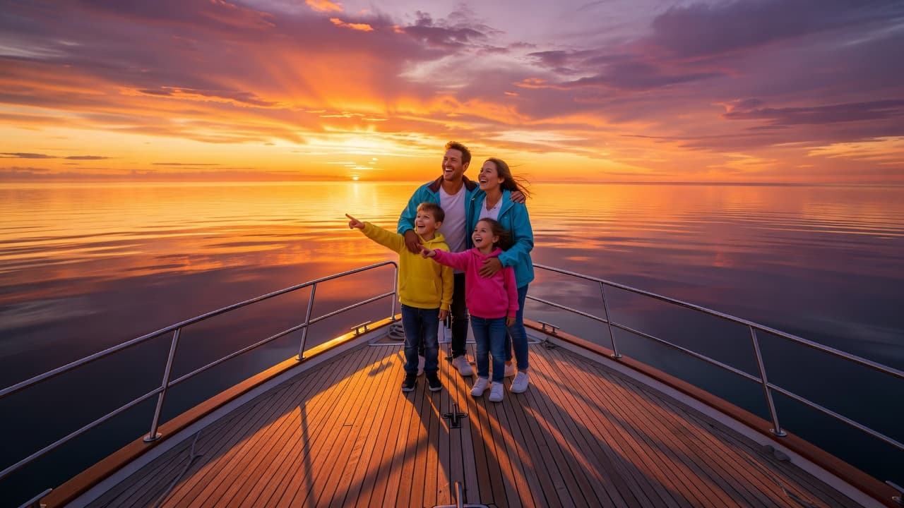 A smiling family stands on the wooden deck of a large boat, gazing at a vibrant orange and purple sunset over the calm ocean horizon as daylight fades into the evening.