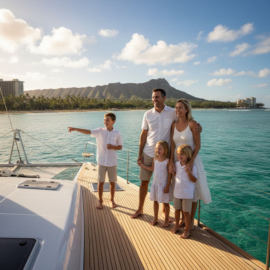 A happy family of five stands on a boat deck with Diamond Head visible in the background.