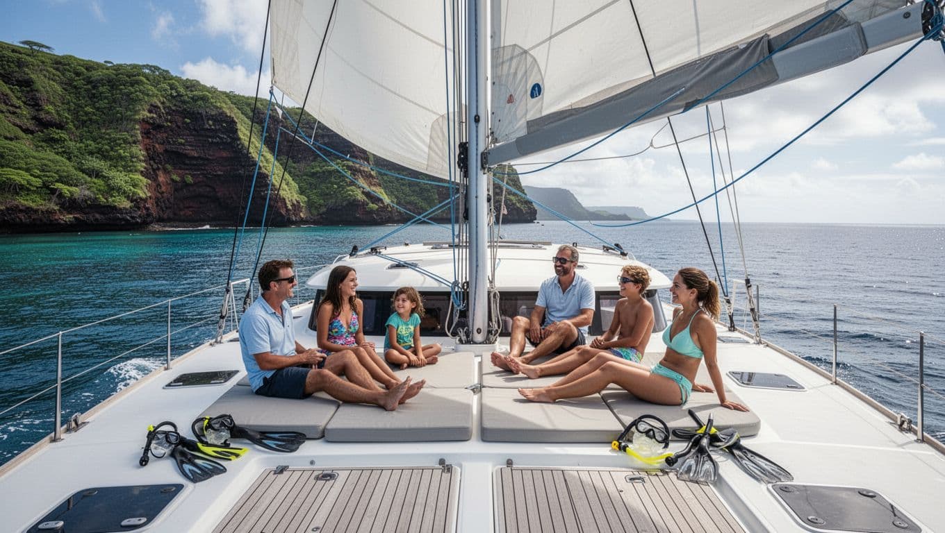 Family group of two adults and three kids relaxing and chatting on spacious modern catamaran deck sailing calm turquoise waters near lush green cliffs of Kealakekua Bay Big Island Hawaii with snorkel gear nearby cinematic style.