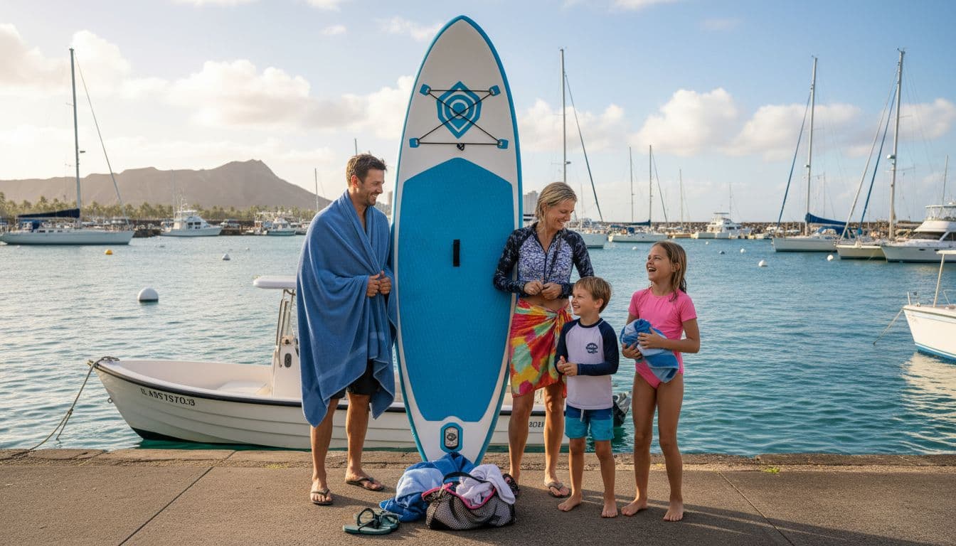 A family of four, consisting of two adults and two kids, changes into swimsuits discreetly behind a boat or screen at Kewalo Basin harbor in Oahu, surrounded by boats, ocean, and sunny weather with towels nearby.