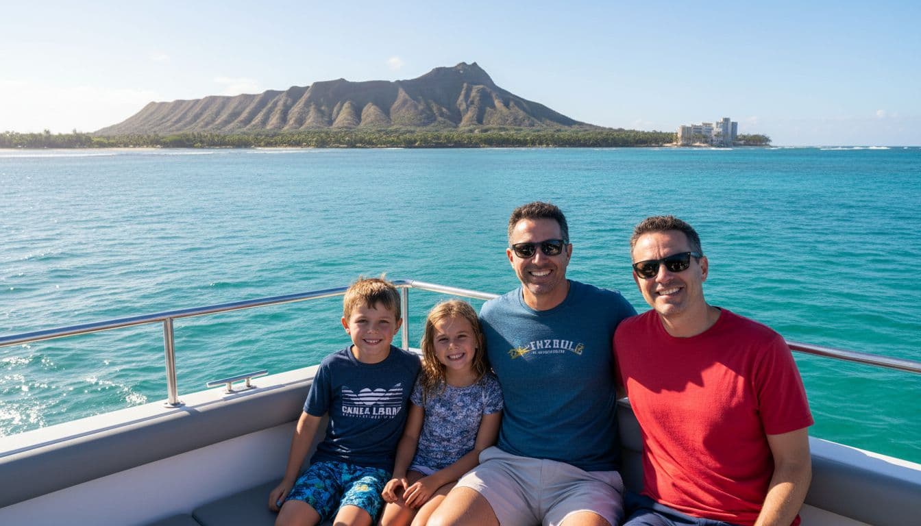 A smiling family of four relaxes on the upper deck of a double-decker boat cruising calm Waikiki waters toward Turtle Canyon, with Diamond Head volcano in the sunny ocean backdrop and no other boats nearby.
