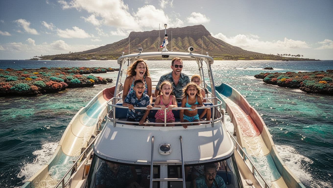 Excited family of five on upper deck of double-decker boat with water slide approaching coral reef near Honolulu coast, Diamond Head in sunny background.