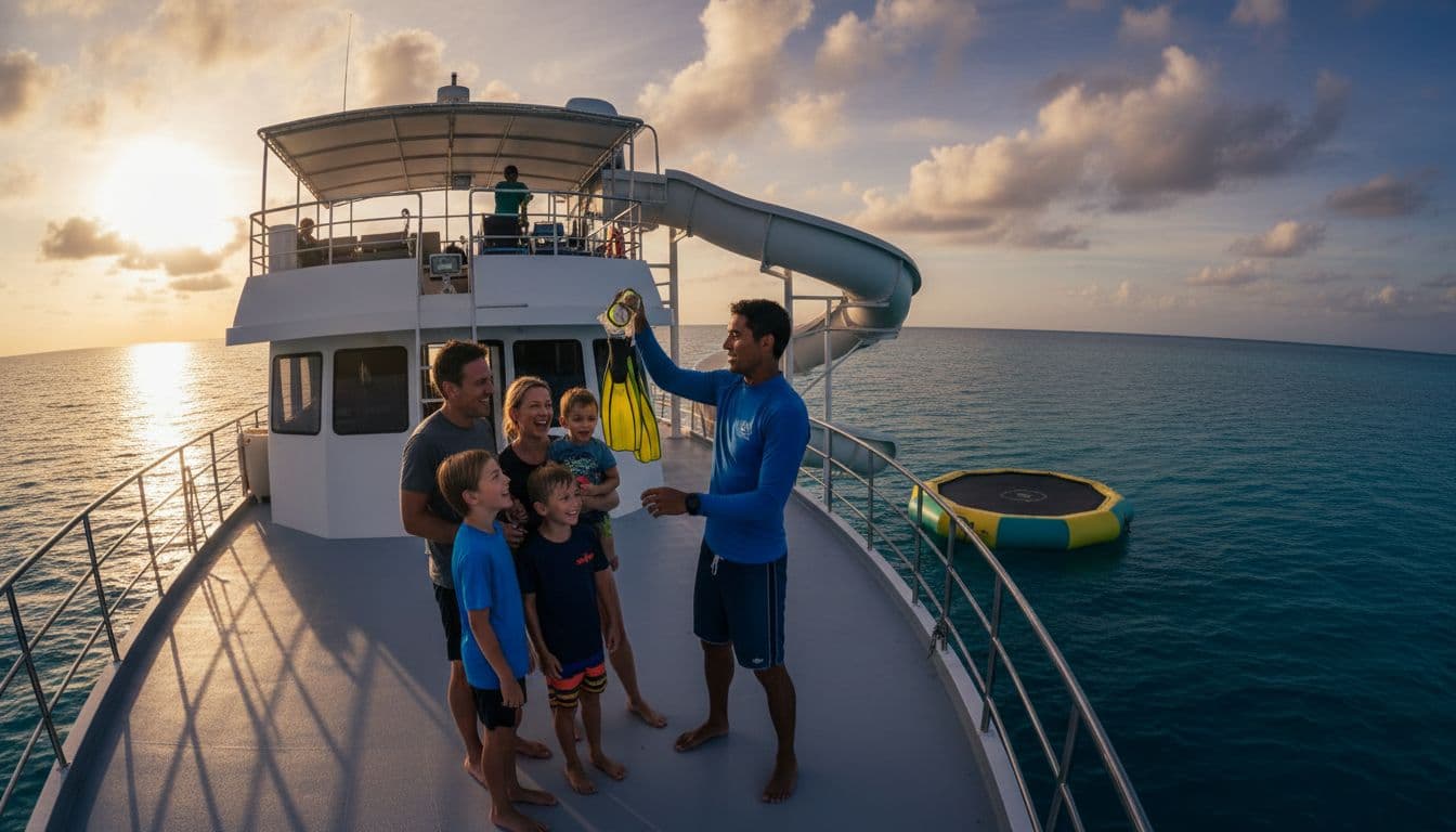 Group of families on a double-decker boat deck featuring a water slide and trampoline, with a calm ocean horizon and a guide demonstrating snorkel gear to excited smiling kids, in cinematic style with strong contrast, depth, and dramatic lighting.