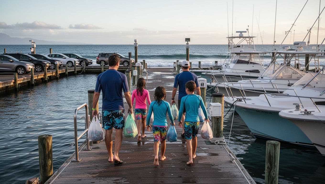 Morning scene of a family of five arriving punctually at Honokohau Marina on Big Island, Hawaii, for a Captain Cook snorkel tour, with calm ocean, docked boats, and clear skies.