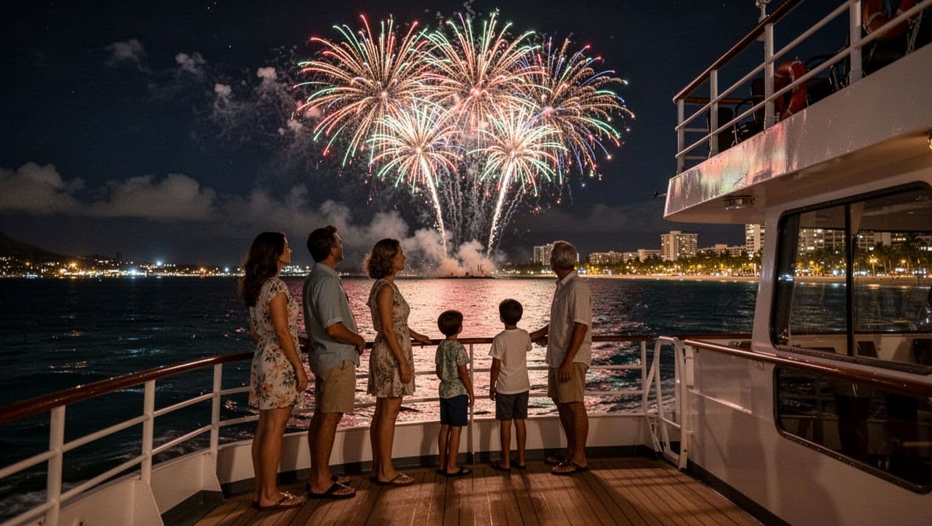 Family of four on double-decker boat deck enjoys colorful fireworks over Waikiki beach, reflections on calm ocean.