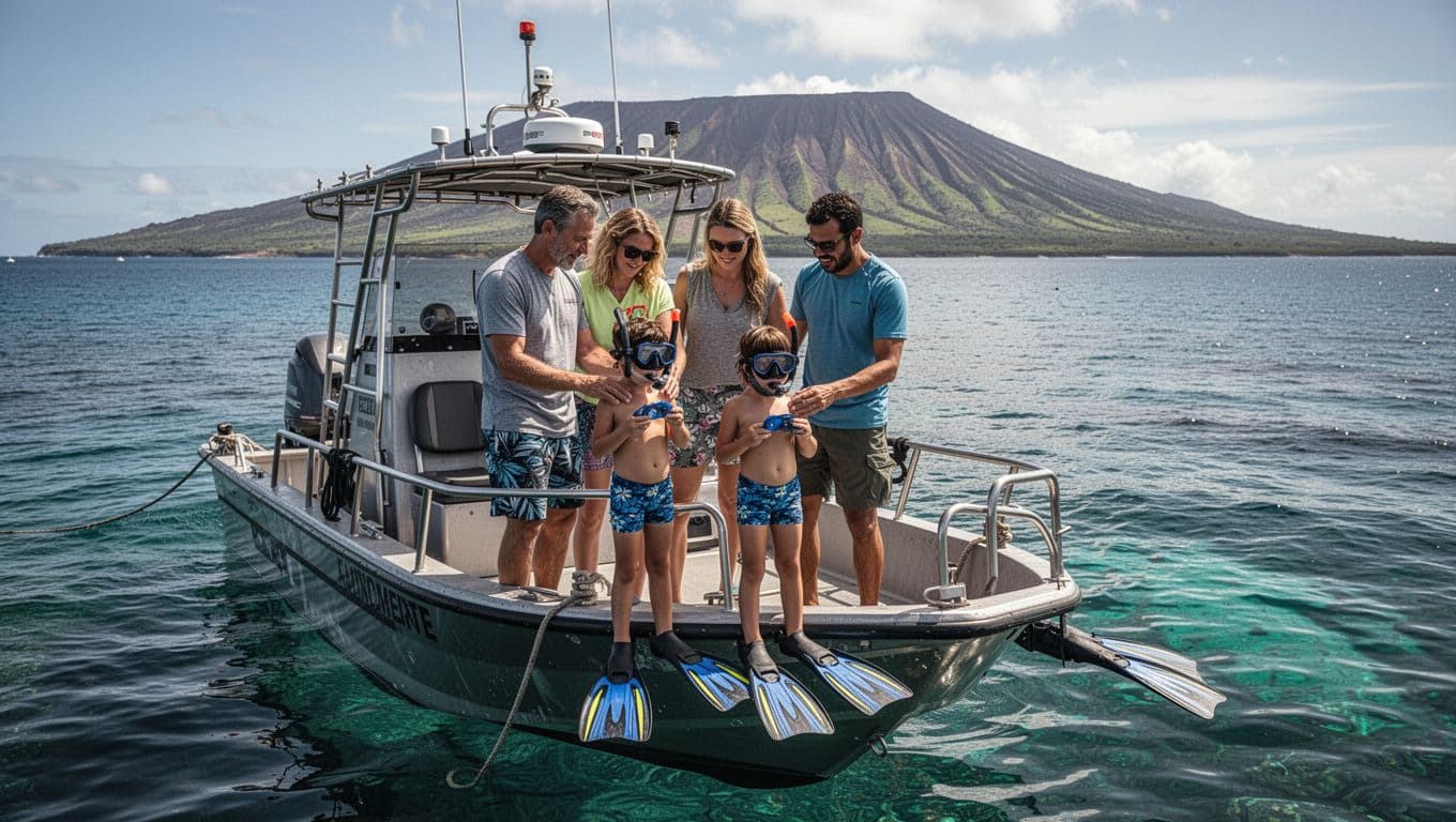 Happy family of four on the deck of a small adventure boat at Honokohau Harbor in Kona, parents helping young kids aged 4-7 don snorkel masks and fins amid excited expressions and dramatic daylight lighting with Big Island volcanic landscape.