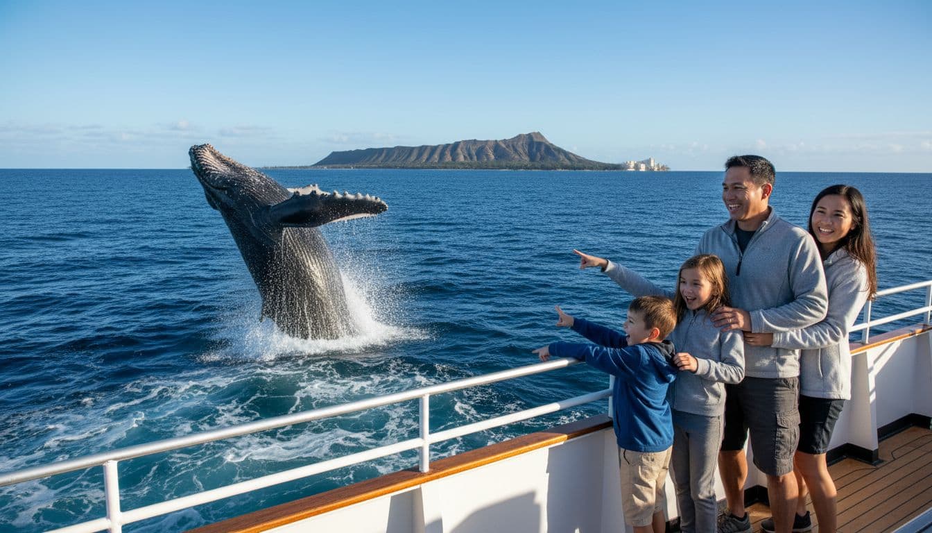 A family of four on the upper deck of a double-decker boat excitedly watches a humpback whale breach near the Waikiki coast in Hawaii, with kids pointing in awe and parents smiling amid ocean waves and distant Diamond Head on a sunny winter day.