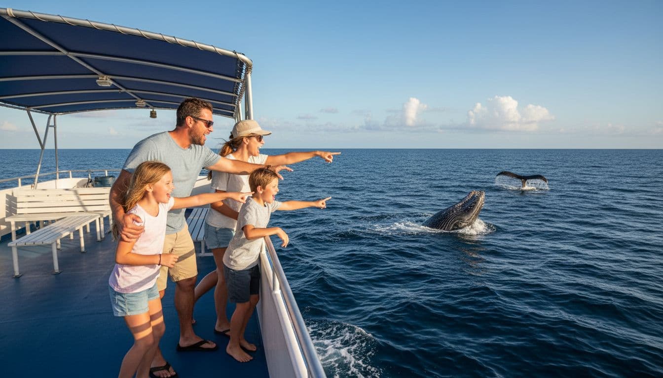 A family of four with two adults and two kids stands excitedly on the upper deck of a double-decker boat, watching humpback whales breach near the ocean horizon under sunny skies with shaded areas.
