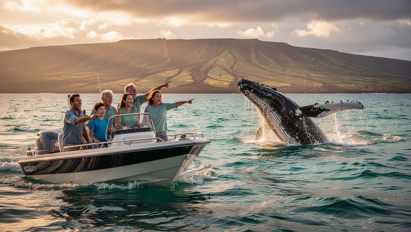 Excited multi-generational family of six spotting breaching humpback whales from a speedboat off Kona, Big Island, Hawaii, with turquoise ocean, volcanic backdrop, and dramatic golden hour lighting.