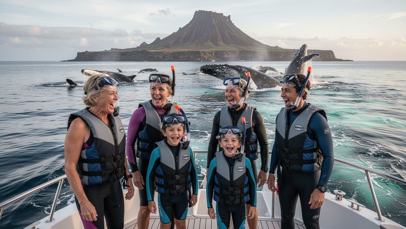 Excited family of two adults and two kids on a boat deck, wearing life jackets and snorkel gear, watches humpback whales spyhop near Captain Cook monument shoreline on Big Island during a calm morning sea with cinematic dramatic lighting.