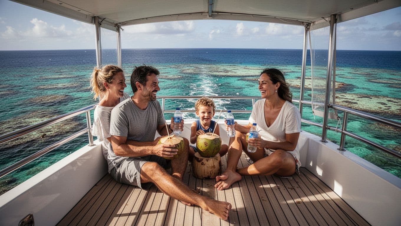 Family of three shares coconut water and bottles in shaded upper deck of double-decker snorkel boat, smiling over ocean reefs.