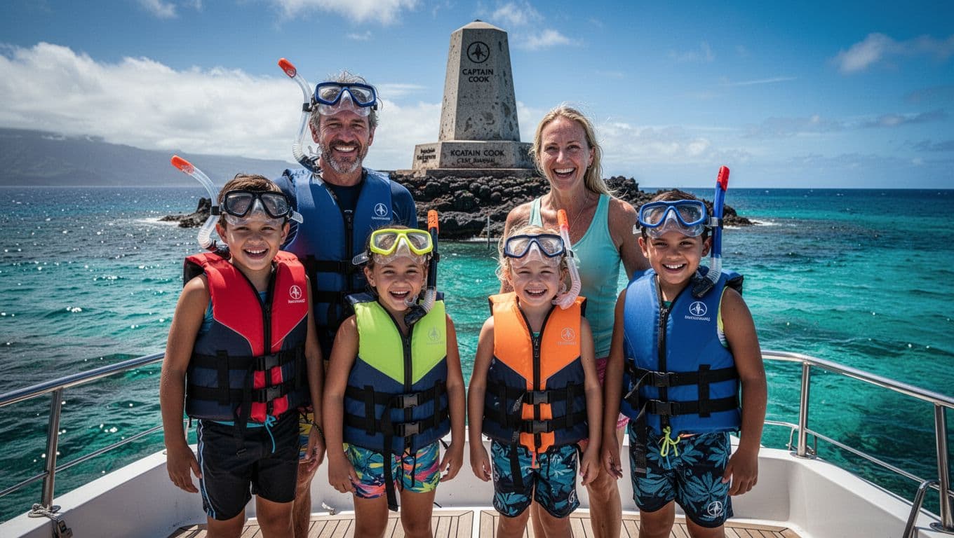 Two adults and two young kids in colorful life jackets and snorkel masks stand on boat deck with turquoise water and Captain Cook monument behind.