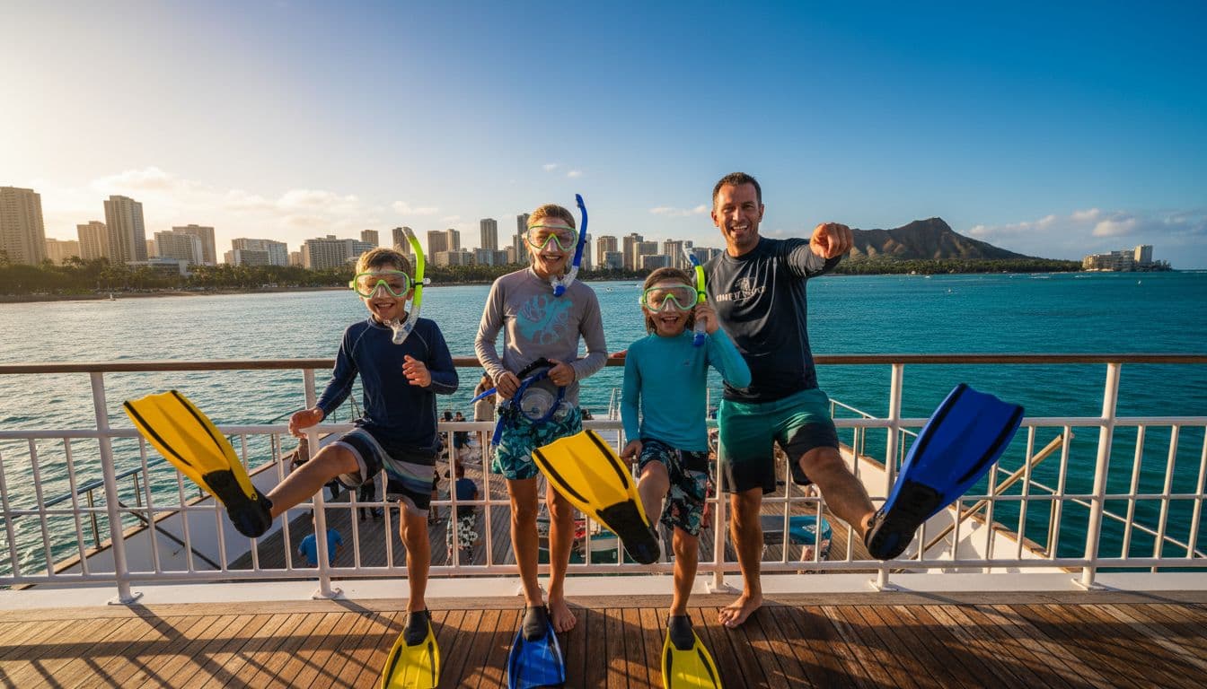 Two kids and parents smile while trying snorkel masks and fins on double-decker tour boat deck, ocean and Waikiki skyline behind.