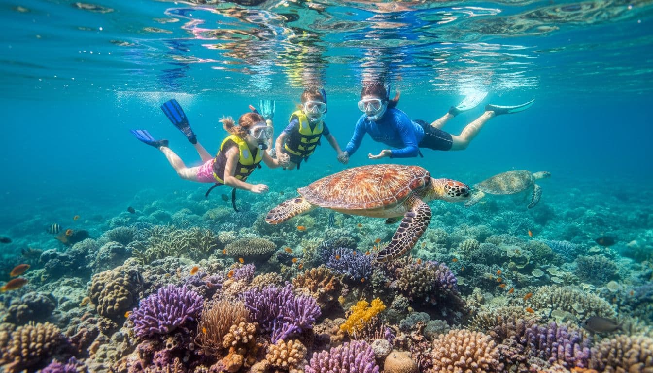 Happy family with two children ages 5-12 snorkeling safely in turquoise ocean water at a coral reef, with peaceful Hawaiian green sea turtles swimming nearby, vibrant underwater scene with snorkel gear and life vests.
