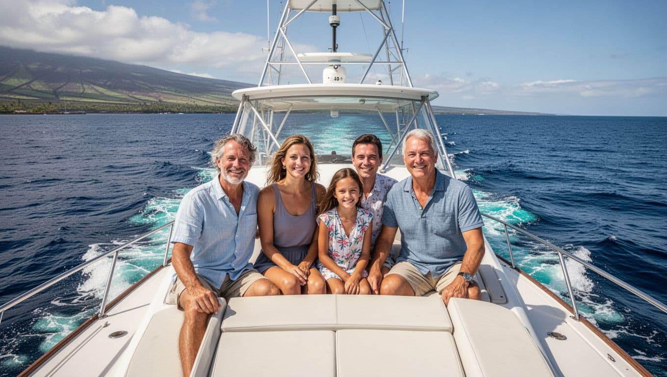 A cheerful family laughs together on a private boat cruising across the deep blue waters of the Kona coast. Bright sunlight illuminates their faces against the vibrant cyan ocean waves.