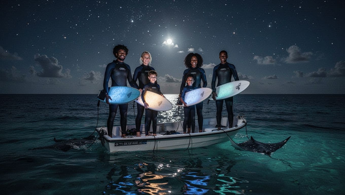 Diverse family of four in wetsuits holds lit boards on small boat at night under starry sky.