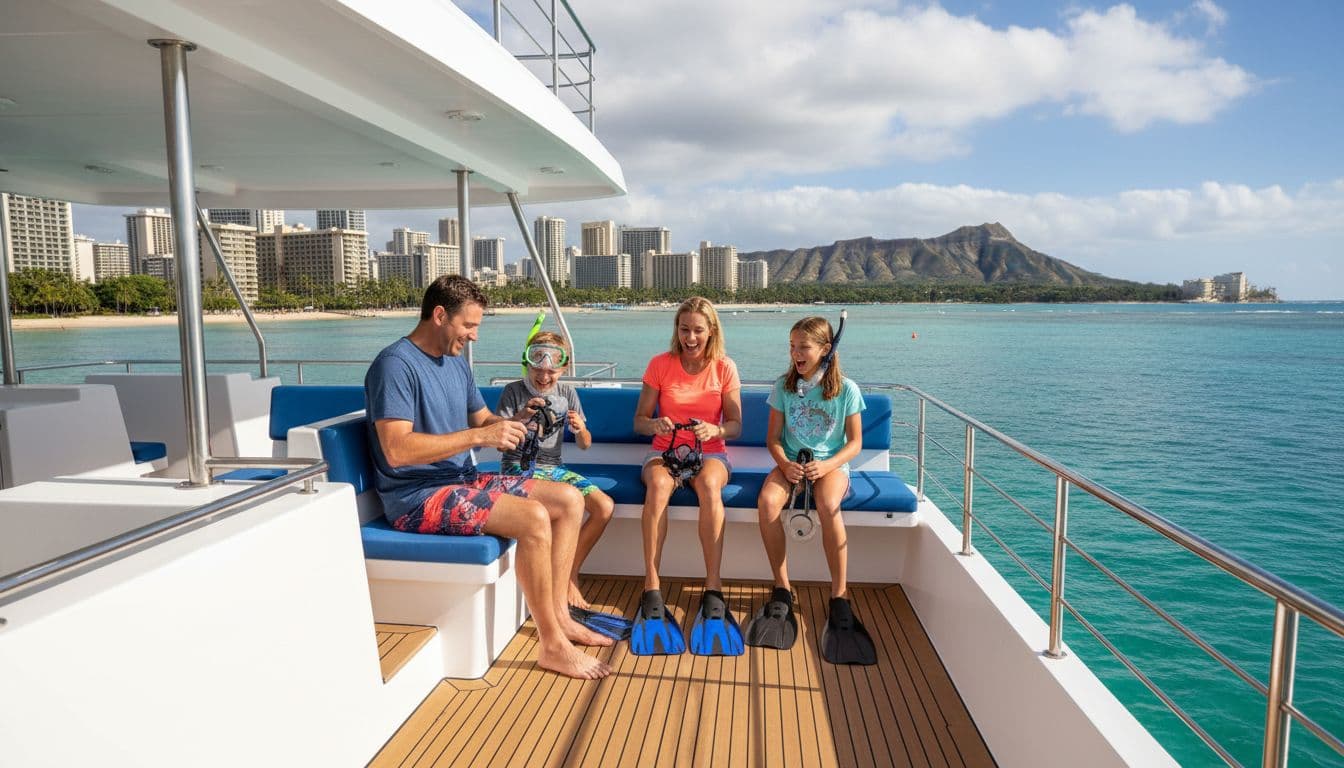 A family of four on the deck of a stable double-decker premium boat in Waikiki, excitedly preparing snorkel gear under the Hawaiian sun with the skyline in the background and modern shaded amenities visible.