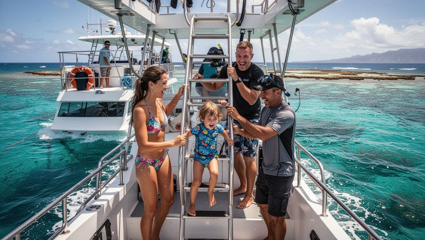 A family of three, two adults and one child, easily reboards a double-decker snorkel boat off Waikiki using the ladder with nearby crew help on a sunny day. Excited faces amid turquoise waters, Hawaiian reef background, cinematic style with strong contrast and dramatic lighting.