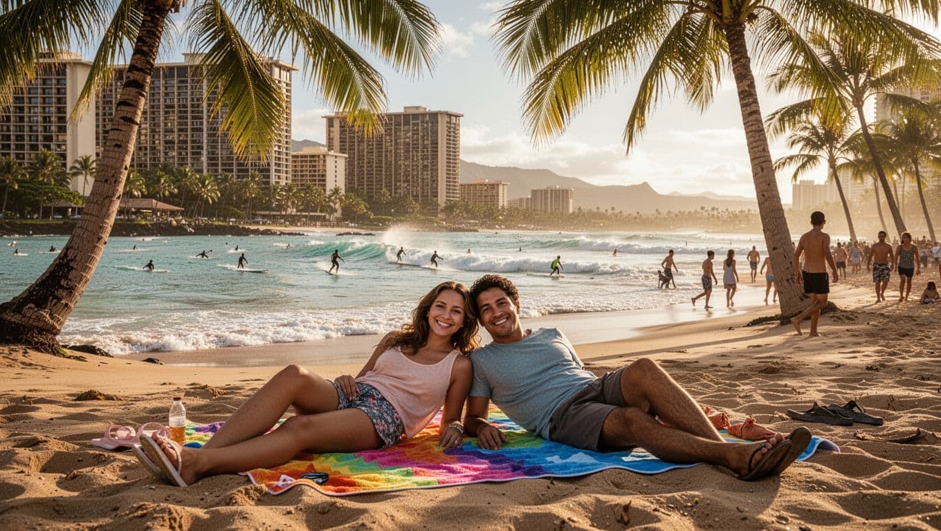 A family of four, first-time visitors, relaxes on colorful beach towels under palm trees at peak-hour Waikiki Beach, with gentle waves, surfers, high-rise hotels, and moderate crowds in a cinematic medium shot with dramatic afternoon lighting.