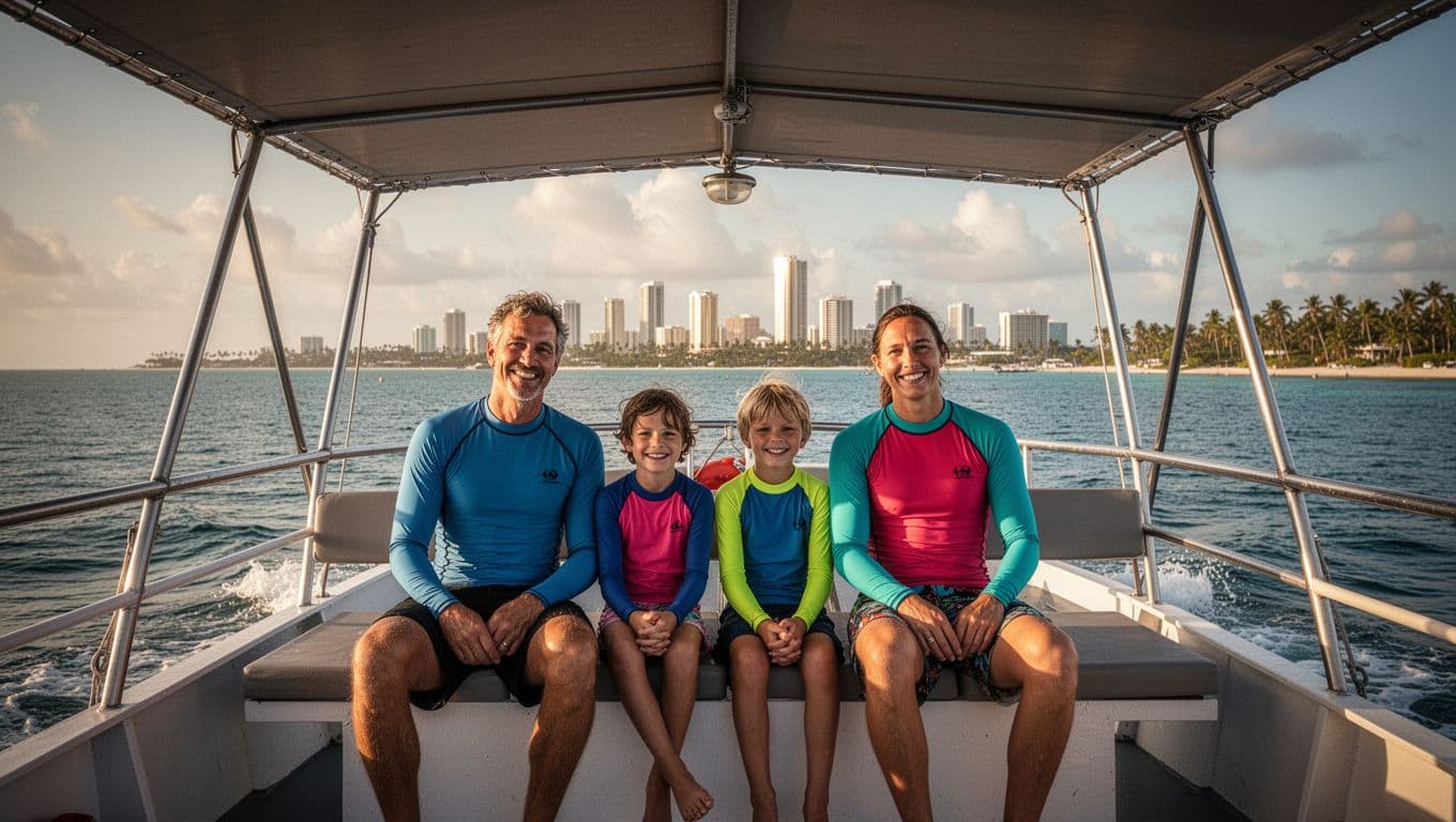 A smiling family of four (parents and kids aged 8 and 10) relaxes on the shaded upper deck of a double-decker boat amid calm seas, with the distant Waikiki skyline, in cinematic style with strong contrast and dramatic lighting.