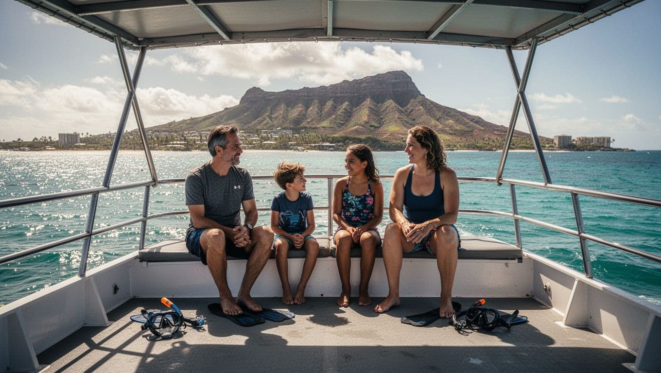 Family of four sits chatting under shade canopy on upper deck of double-decker snorkel boat off Waikiki, Diamond Head behind turquoise waters.
