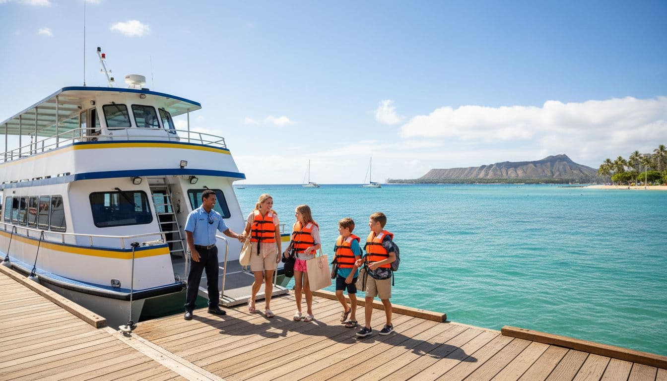 Excited family of two adults and two children boards a large double-decker tour boat at a sunny Hawaiian dock in Waikiki, assisted by a friendly crew member, all wearing life vests with bags in hand and ocean horizon in background.