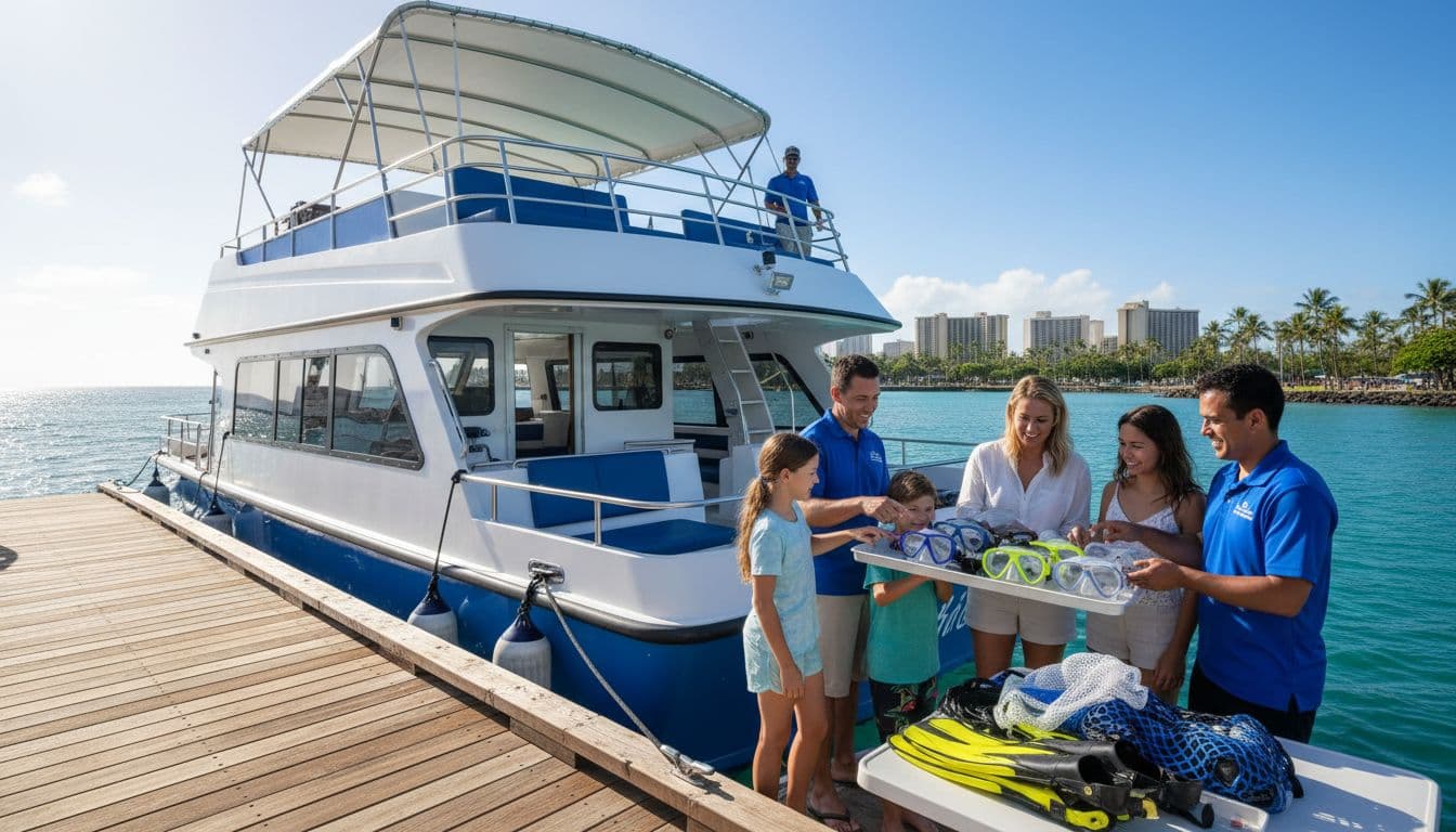 A small family of four tourists, two adults and two kids, selects prescription snorkel masks and gear from the crew on a double-decker tour boat docked at Kewalo Basin Harbor near Waikiki, Honolulu, on a sunny Hawaiian morning.