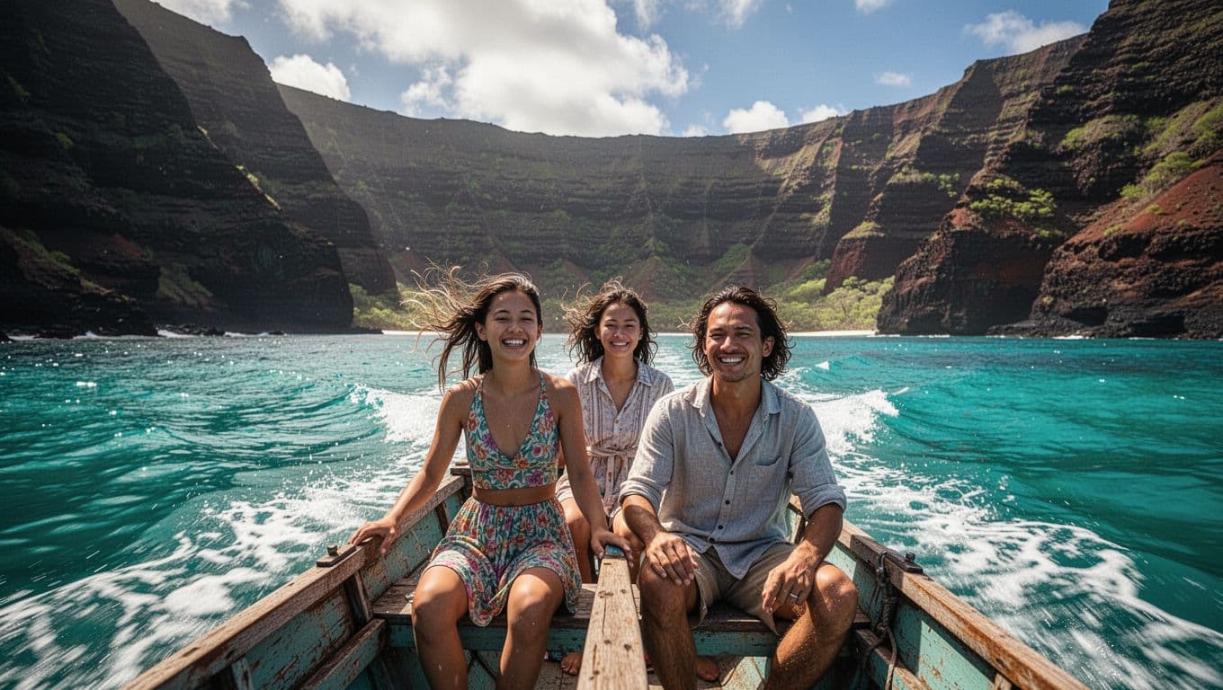 Three excited people on a small boat head toward Kealakekua Bay with Big Island cliffs behind.