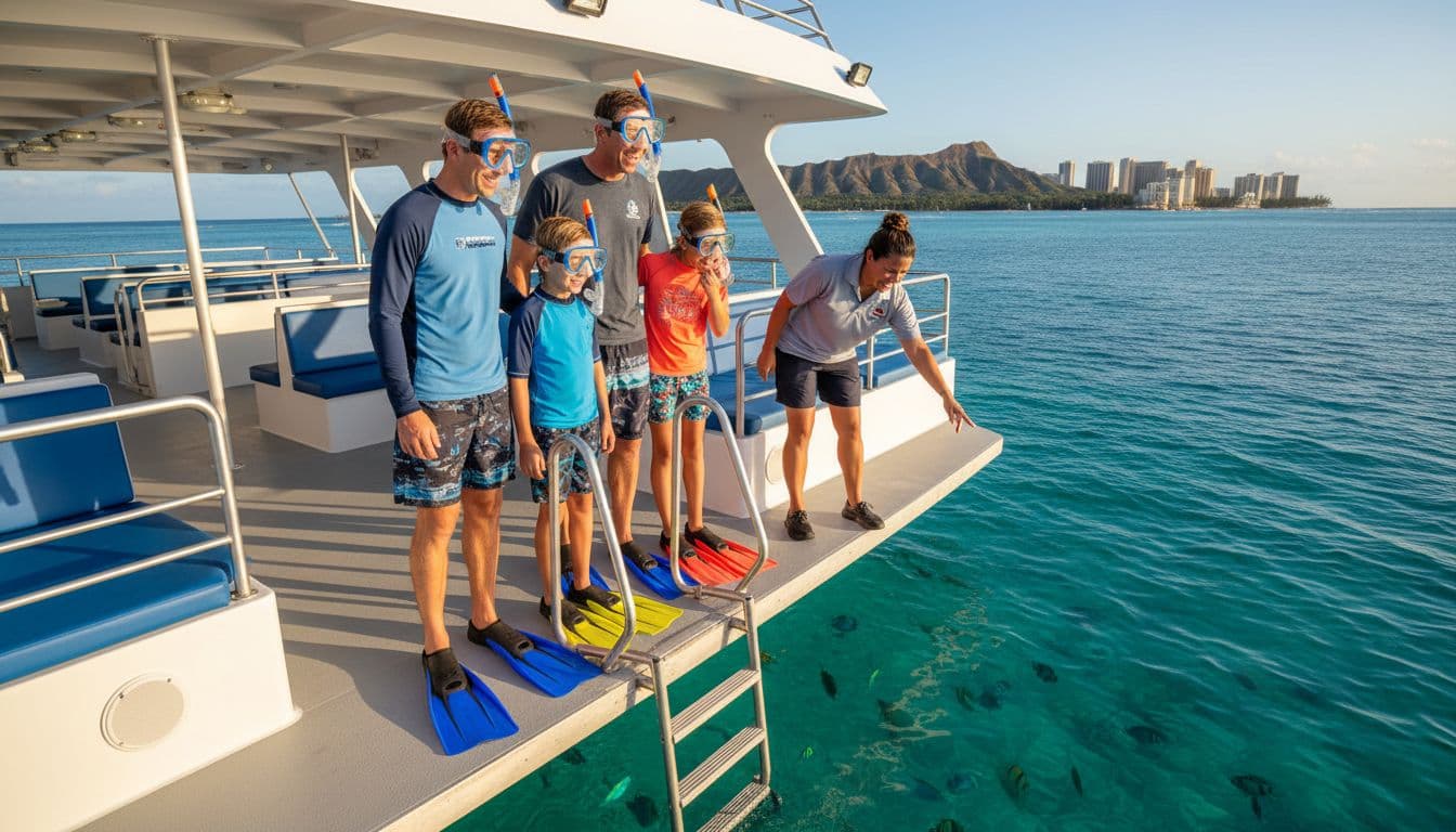A smiling family of four in snorkel gear stands on the double-decker boat deck near Waikiki, with a crew member pointing to the water on a sunny day.